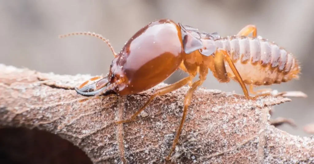 Close-up of a termite eating wood, showing What Do Termites Eat in natural environments.
