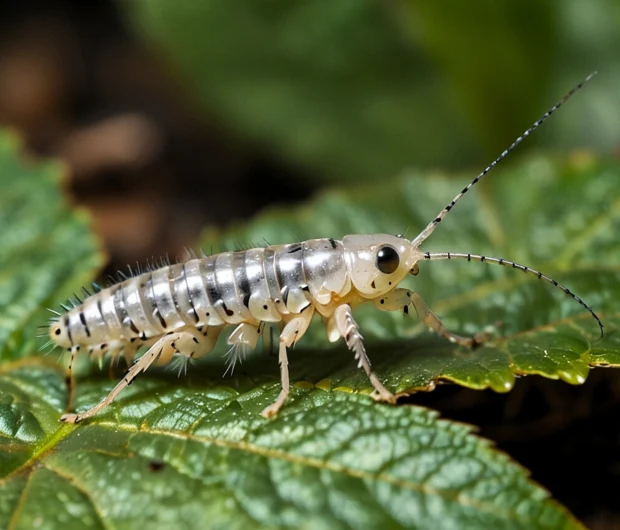 Silverfish bug on plant leaf demonstrating importance of silverfish removal services