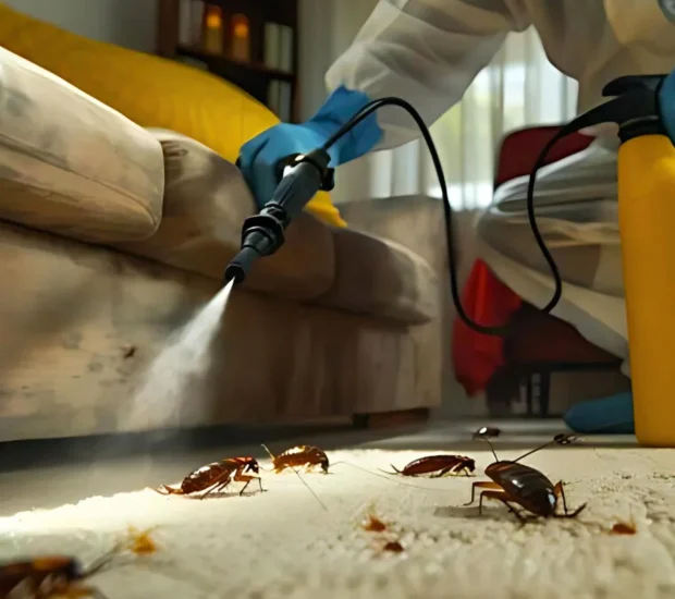 Professional cockroach treatment being applied to infested carpet in a living room