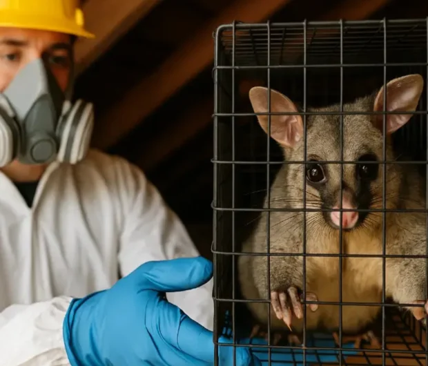 Professional possum inspection specialist in protective gear examining captured possum in wire cage
