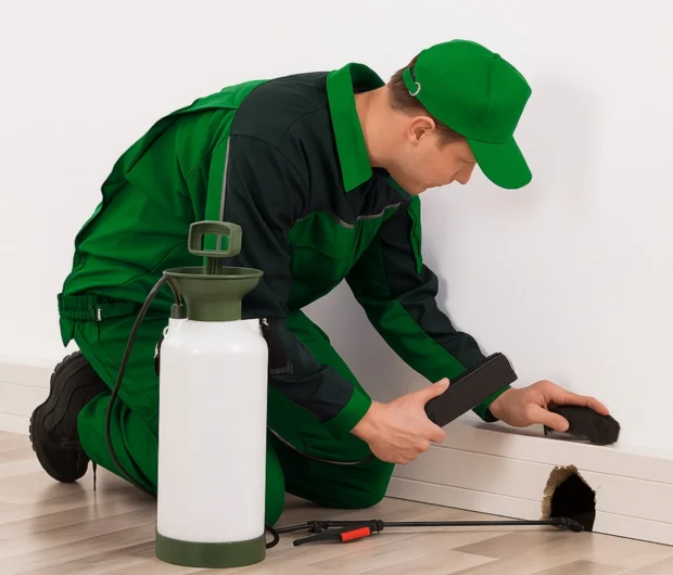 An expert performing detailed rodent inspection of home using professional equipment