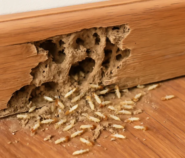 Severe termite damage discovered during termite inspection showing hollow wood beam with active termite colony
