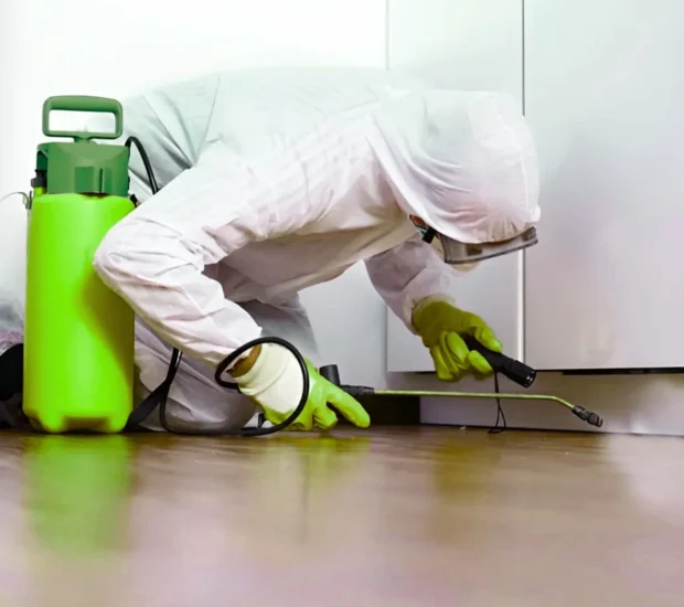Professional pest control technician performing termite extermination treatment with specialized equipment and protective gear