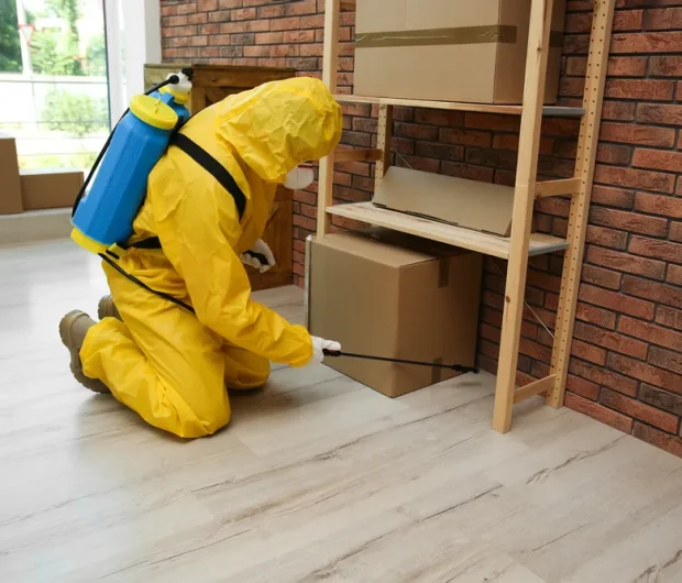 Specialist treating serious warehouse pest infestation with chemicals