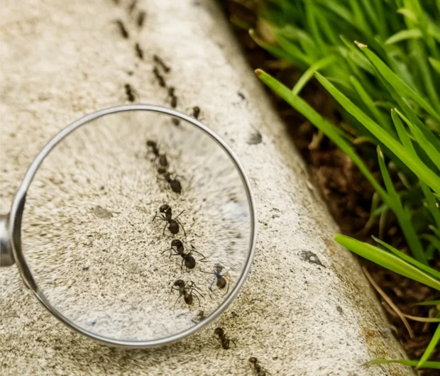 Professional ant control Melbourne assessment with magnifying glass revealing ant activity near grass